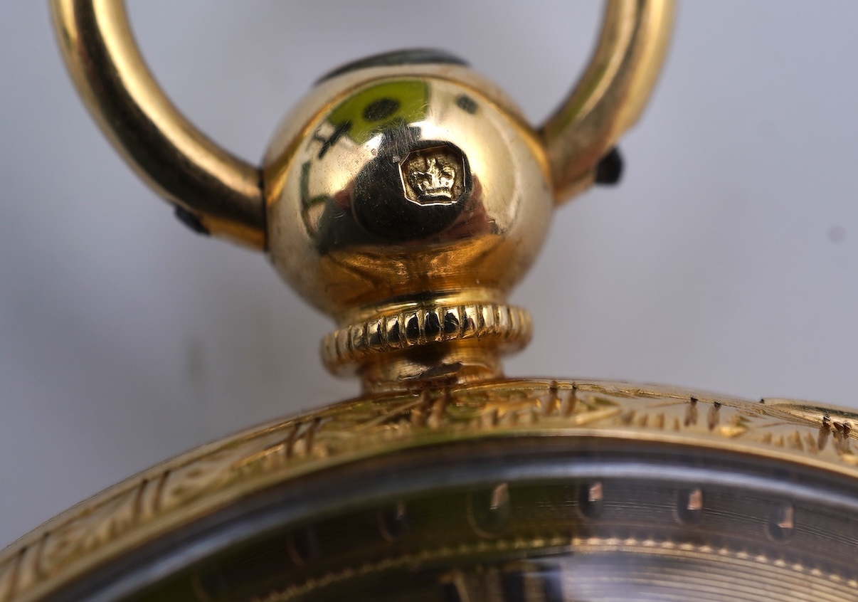 A Victorian engraved 18ct gold open faced key wind pocket watch